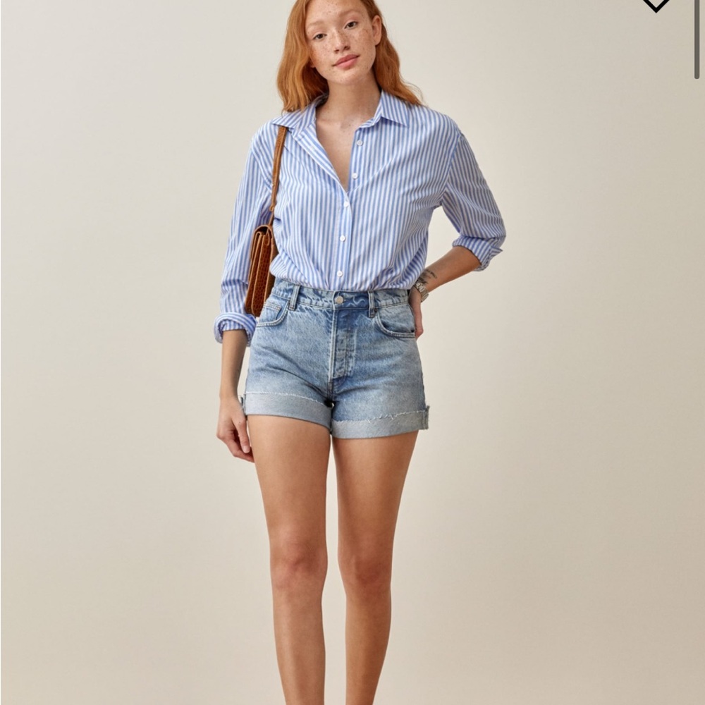 Blue Striped Button-Up Shirt and Denim Shorts